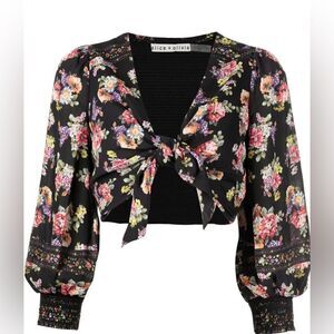 Alice + Olivia Marlee Tie Front Long Sleeve Top Black Magnolia Floral